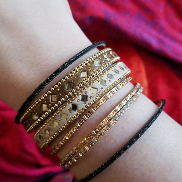 Bangle bracelet bundle gold tone black with mirrors - Picture 5 of 9